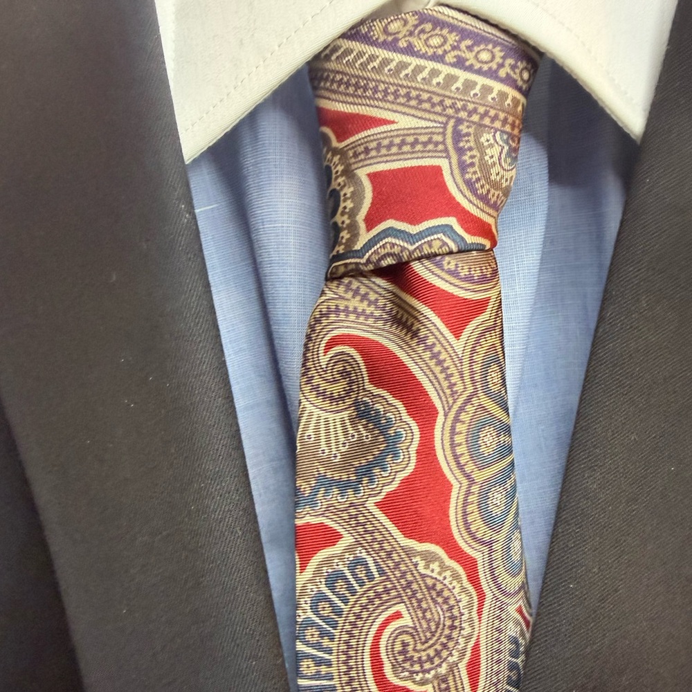 Dior Paisley Silk Tie in Red, Blue, Gold made in USA. VINTAGE EXCELLENT COND